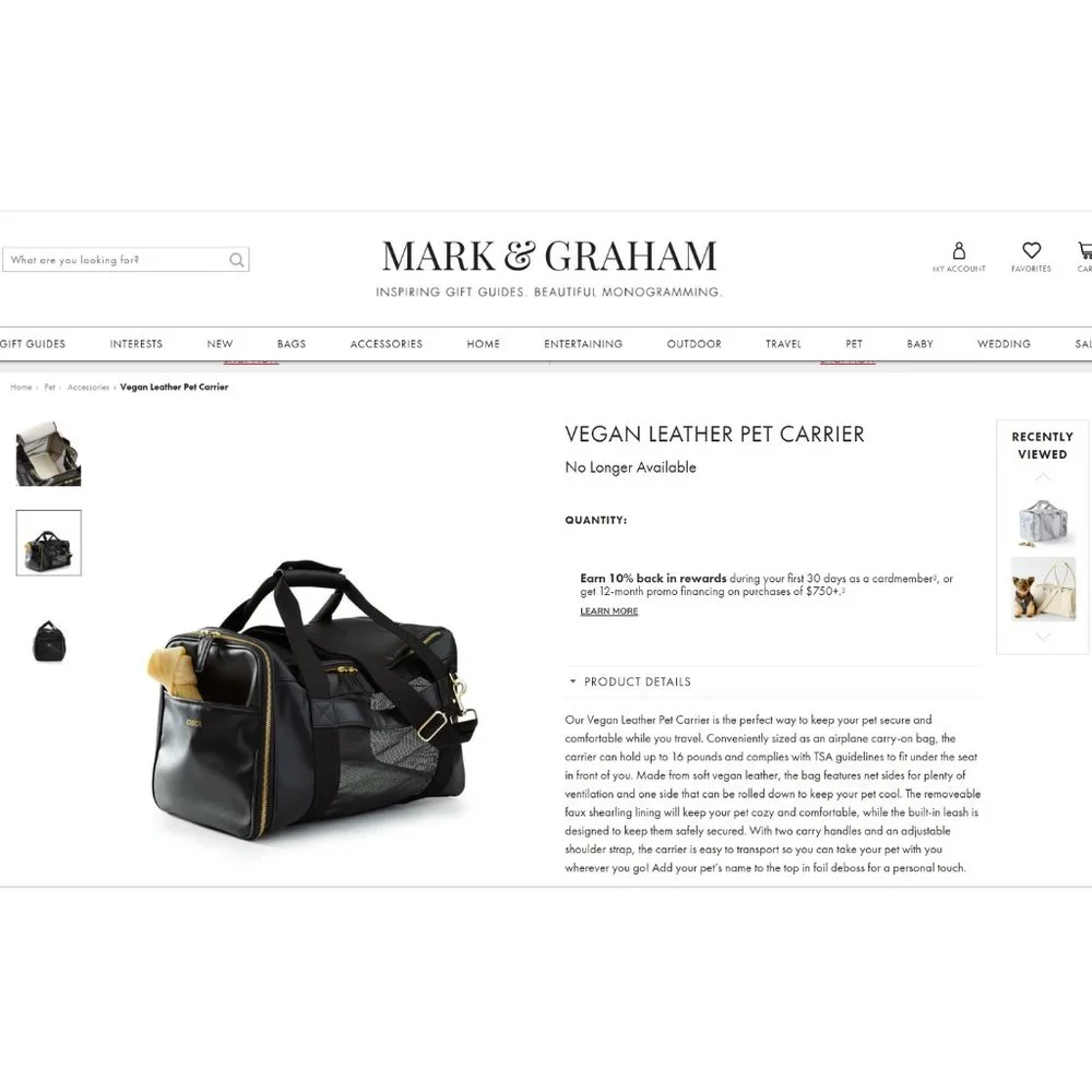 NEW Mark & Graham Pet Dog Cat Travel Carrier Bag Tote TSA Approved
